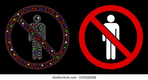 Glossy mesh no man icon with sparkle effect. Abstract illuminated model of no man. Shiny wire carcass polygonal mesh no man icon. Vector abstraction on a black background.