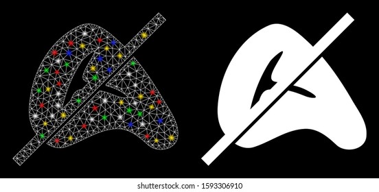 Glossy mesh no meat icon with glitter effect. Abstract illuminated model of no meat. Shiny wire carcass triangular network no meat icon. Vector abstraction on a black background.
