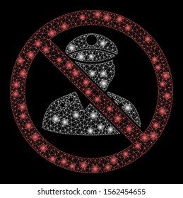 Glossy mesh no military officer with glare effect. Abstract illuminated model of no military officer icon. Shiny wire carcass polygonal mesh no military officer.