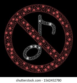 Glossy mesh no musical note with glitter effect. Abstract illuminated model of no musical note icon. Shiny wire frame triangular mesh no musical note. Vector abstraction on a black background.