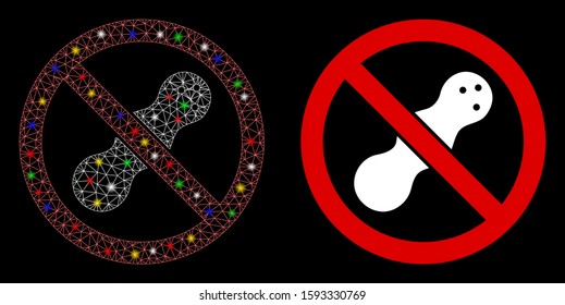 Glossy mesh no peanut icon with glitter effect. Abstract illuminated model of no peanut. Shiny wire carcass polygonal mesh no peanut icon. Vector abstraction on a black background.