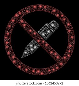 Glossy mesh no pencil with glitter effect. Abstract illuminated model of no pencil icon. Shiny wire carcass triangular mesh no pencil. Vector abstraction on a black background.