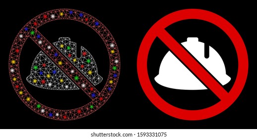 Glossy mesh no protective helmet icon with glow effect. Abstract illuminated model of no protective helmet. Shiny wire frame triangular mesh no protective helmet icon.