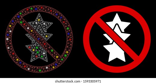 Glossy mesh no rating stars icon with lightspot effect. Abstract illuminated model of no rating stars. Shiny wire carcass triangular mesh no rating stars icon.