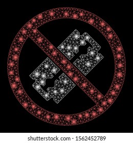 Glossy mesh no razor blade with glare effect. Abstract illuminated model of no razor blade icon. Shiny wire frame triangular mesh no razor blade. Vector abstraction on a black background.