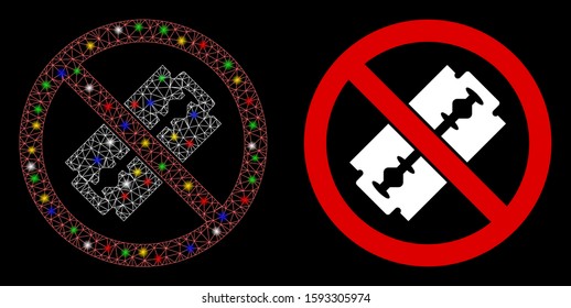 Glossy mesh no razor blade icon with sparkle effect. Abstract illuminated model of no razor blade. Shiny wire carcass polygonal mesh no razor blade icon. Vector abstraction on a black background.