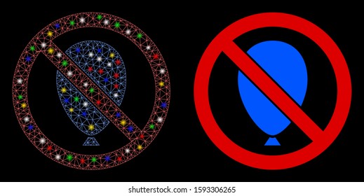 Glossy mesh no rubber balloon icon with glitter effect. Abstract illuminated model of no rubber balloon. Shiny wire carcass polygonal mesh no rubber balloon icon.