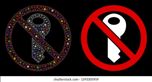 Glossy mesh no secret key icon with glare effect. Abstract illuminated model of no secret key. Shiny wire frame triangular mesh no secret key icon. Vector abstraction on a black background.