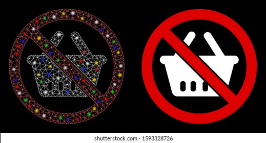 Glossy mesh no shopping basket icon with glare effect. Abstract illuminated model of no shopping basket. Shiny wire frame polygonal mesh no shopping basket icon.