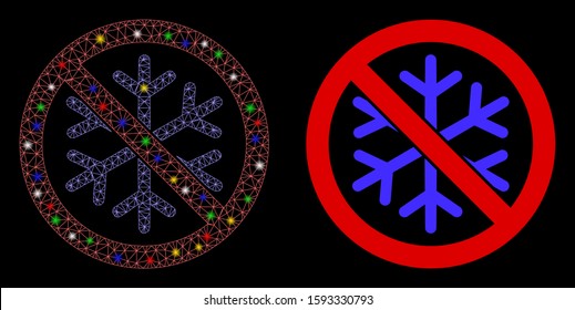 Glossy mesh no snowflake icon with sparkle effect. Abstract illuminated model of no snowflake. Shiny wire carcass polygonal mesh no snowflake icon. Vector abstraction on a black background.