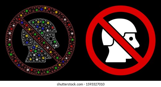 Glossy mesh no soldiers icon with lightspot effect. Abstract illuminated model of no soldiers. Shiny wire frame triangular mesh no soldiers icon. Vector abstraction on a black background.