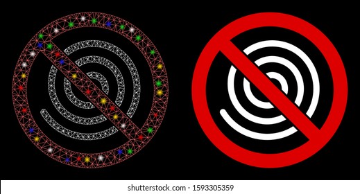 Glossy mesh no spiral icon with glare effect. Abstract illuminated model of no spiral. Shiny wire frame polygonal mesh no spiral icon. Vector abstraction on a black background.