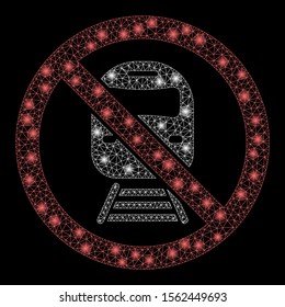 Glossy mesh no train with sparkle effect. Abstract illuminated model of no train icon. Shiny wire frame triangular mesh no train. Vector abstraction on a black background.