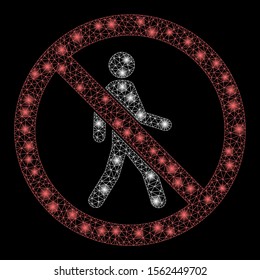 Glossy mesh no trespassing with lightspot effect. Abstract illuminated model of no trespassing icon. Shiny wire carcass triangular mesh no trespassing. Vector abstraction on a black background.
