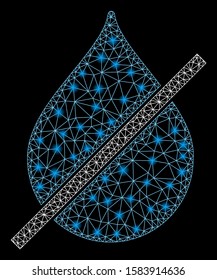 Glossy mesh no water drop with glare effect. Abstract illuminated model of no water drop icon. Shiny wire carcass triangular mesh no water drop. Vector abstraction on a black background.
