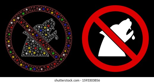 Glossy mesh no werewolf icon with glare effect. Abstract illuminated model of no werewolf. Shiny wire carcass triangular mesh no werewolf icon. Vector abstraction on a black background.