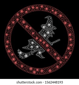 Glossy mesh no witch flights with lightspot effect. Abstract illuminated model of no witch flights icon. Shiny wire frame triangular mesh no witch flights. Vector abstraction on a black background.