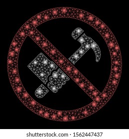 Glossy mesh no working hammer with sparkle effect. Abstract illuminated model of no working hammer icon. Shiny wire frame polygonal mesh no working hammer. Vector abstraction on a black background.