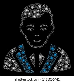 Glossy mesh noble gentleman with glare effect. Abstract illuminated model of noble gentleman icon. Shiny wire carcass triangular mesh noble gentleman. Vector abstraction on a black background.