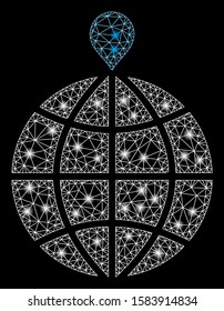 Glossy mesh north pole with glare effect. Abstract illuminated model of north pole icon. Shiny wire carcass triangular mesh north pole. Vector abstraction on a black background.
