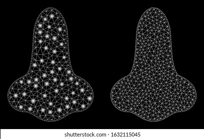 Glossy mesh nose with lightspot effect. Abstract illuminated model of nose icon. Shiny wire frame triangular mesh nose icon. Vector abstraction on a black background.