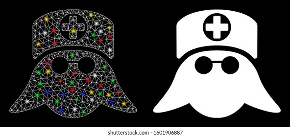 Glossy mesh nurse head icon with lightspot effect. Abstract illuminated model of nurse head. Shiny wire carcass polygonal network nurse head icon. Vector abstraction on a black background.
