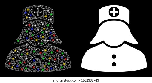 Glossy mesh nurse icon with glow effect. Abstract illuminated model of nurse. Shiny wire carcass triangular mesh nurse icon. Vector abstraction on a black background.