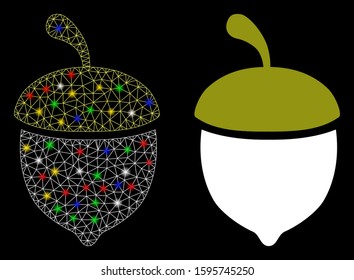 Glossy mesh oak acorn icon with sparkle effect. Abstract illuminated model of oak acorn. Shiny wire carcass polygonal mesh oak acorn icon. Vector abstraction on a black background.