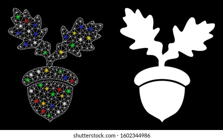 Glossy mesh oak acorn icon with lightspot effect. Abstract illuminated model of oak acorn. Shiny wire frame triangular mesh oak acorn icon. Vector abstraction on a black background.