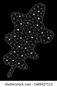Glossy mesh oak leaf with glare effect. Abstract illuminated model of oak leaf icon. Shiny wire frame polygonal mesh oak leaf. Vector abstraction on a black background.