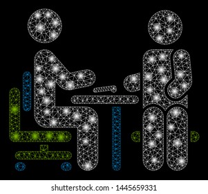 Glossy mesh office interview with glow effect. Abstract illuminated model of office interview icon. Shiny wire frame polygonal mesh office interview. Vector abstraction on a black background.