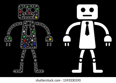 Glossy mesh official robot icon with glare effect. Abstract illuminated model of official robot. Shiny wire frame triangular mesh official robot icon. Vector abstraction on a black background.