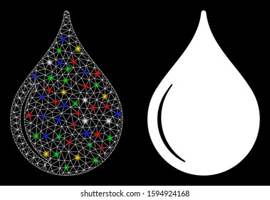 Glossy mesh oil drop icon with sparkle effect. Abstract illuminated model of oil drop. Shiny wire carcass polygonal network oil drop icon. Vector abstraction on a black background.