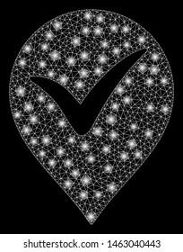 Glossy mesh OK marker with glitter effect. Abstract illuminated model of OK marker icon. Shiny wire carcass triangular mesh OK marker. Vector abstraction on a black background.