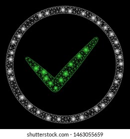 Glossy mesh OK tick with glare effect. Abstract illuminated model of OK tick icon. Shiny wire frame polygonal mesh OK tick. Vector abstraction on a black background.