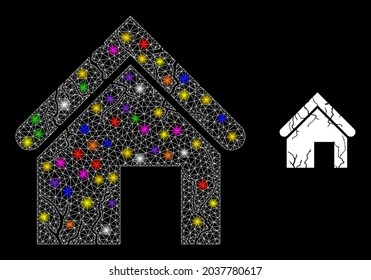 Glossy mesh old decayed house glare icon with lightspots. Illuminated vector model based on old decayed house picture. Sparkle carcass mesh old decayed house on a black background.