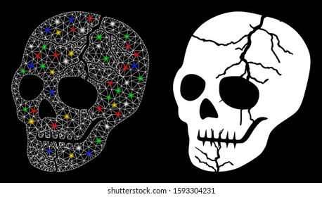 Glossy mesh old skull icon with glitter effect. Abstract illuminated model of old skull. Shiny wire carcass triangular mesh old skull icon. Vector abstraction on a black background.