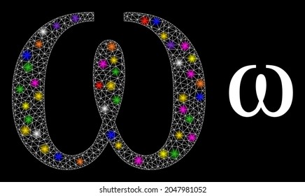 Glossy mesh Omega Greek lowercase letter glare icon with light spots. Illuminated vector constellation based on Omega Greek lowercase letter pictogram.