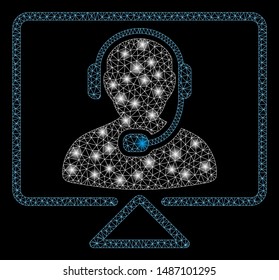 Glossy mesh online support with sparkle effect. Abstract illuminated model of online support icon. Shiny wire frame polygonal mesh online support. Vector abstraction on a black background.