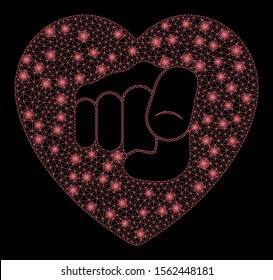 Glossy mesh only your heart with glow effect. Abstract illuminated model of only your heart icon. Shiny wire frame triangular network only your heart. Vector abstraction on a black background.