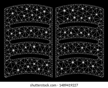 Glossy mesh open book with glare effect. Abstract illuminated model of open book icon. Shiny wire frame triangular mesh open book. Vector abstraction on a black background.