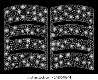 Glossy mesh open book with glitter effect. Abstract illuminated model of open book icon. Shiny wire frame triangular mesh open book. Vector abstraction on a black background.