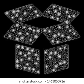 Glossy mesh open box with glitter effect. Abstract illuminated model of open box icon. Shiny wire frame triangular mesh open box. Vector abstraction on a black background.