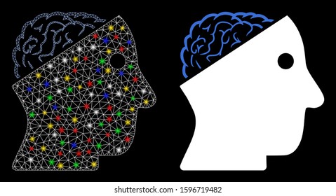 Glossy mesh open brain icon with sparkle effect. Abstract illuminated model of open brain. Shiny wire frame polygonal mesh open brain icon. Vector abstraction on a black background.