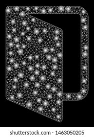Glossy mesh open door with glitter effect. Abstract illuminated model of open door icon. Shiny wire carcass polygonal mesh open door. Vector abstraction on a black background.