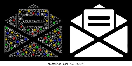 Glossy mesh open mail icon with lightspot effect. Abstract illuminated model of open mail. Shiny wire carcass triangular network open mail icon. Vector abstraction on a black background.