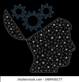 Glossy mesh open mind gears with glitter effect. Abstract illuminated model of open mind gears icon. Shiny wire carcass triangular network open mind gears. Vector abstraction on a black background.