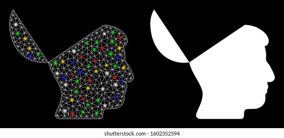 Glossy mesh open mind icon with glow effect. Abstract illuminated model of open mind. Shiny wire carcass triangular mesh open mind icon. Vector abstraction on a black background.