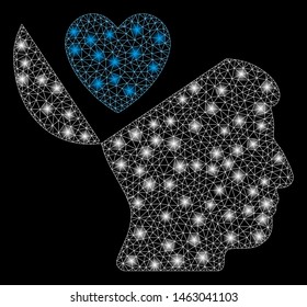 Glossy mesh open mind love heart with glare effect. Abstract illuminated model of open mind love heart icon. Shiny wire carcass triangular mesh open mind love heart.