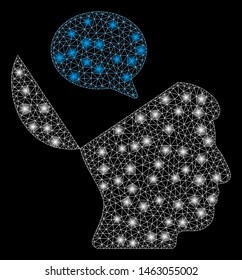 Glossy mesh open mind opinion with sparkle effect. Abstract illuminated model of open mind opinion icon. Shiny wire carcass triangular network open mind opinion.